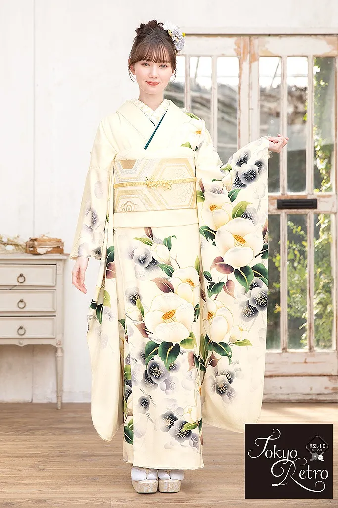 東京レトロ クリーム/アイボリー/緑 ツバキ柄 アンティーク調 おしゃれ