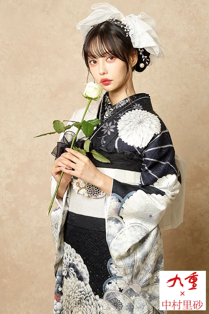 九重×中村里砂TAKAZENオリジナル配色 黒/白 菊柄/牡丹柄 キラキラ