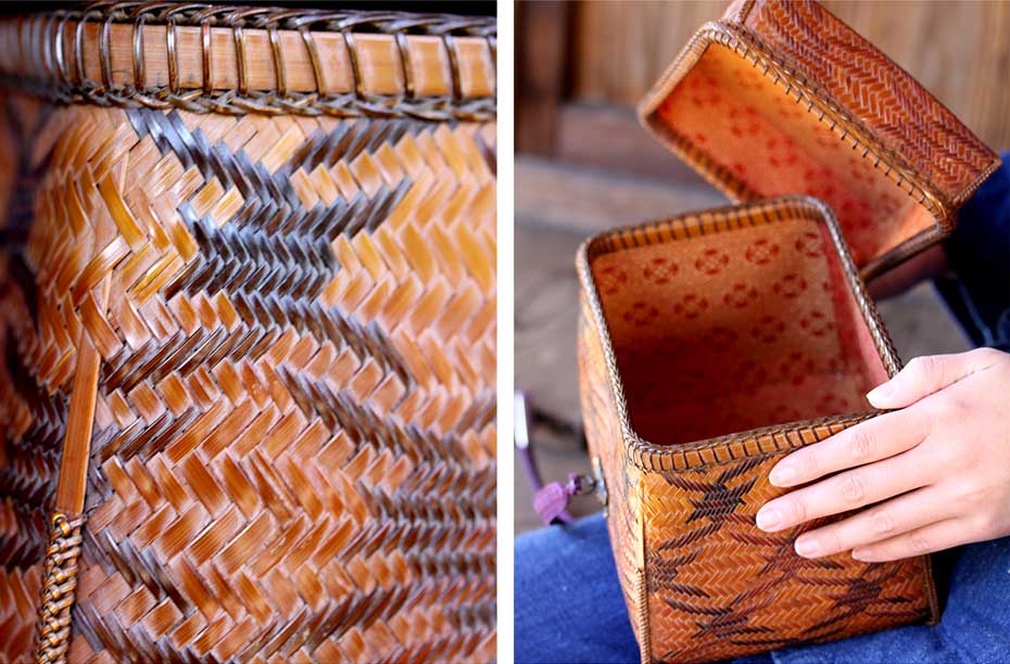 一点限り】渡辺竹清作 煤竹鶴文様御所籠（紫）（Japanese bamboo art