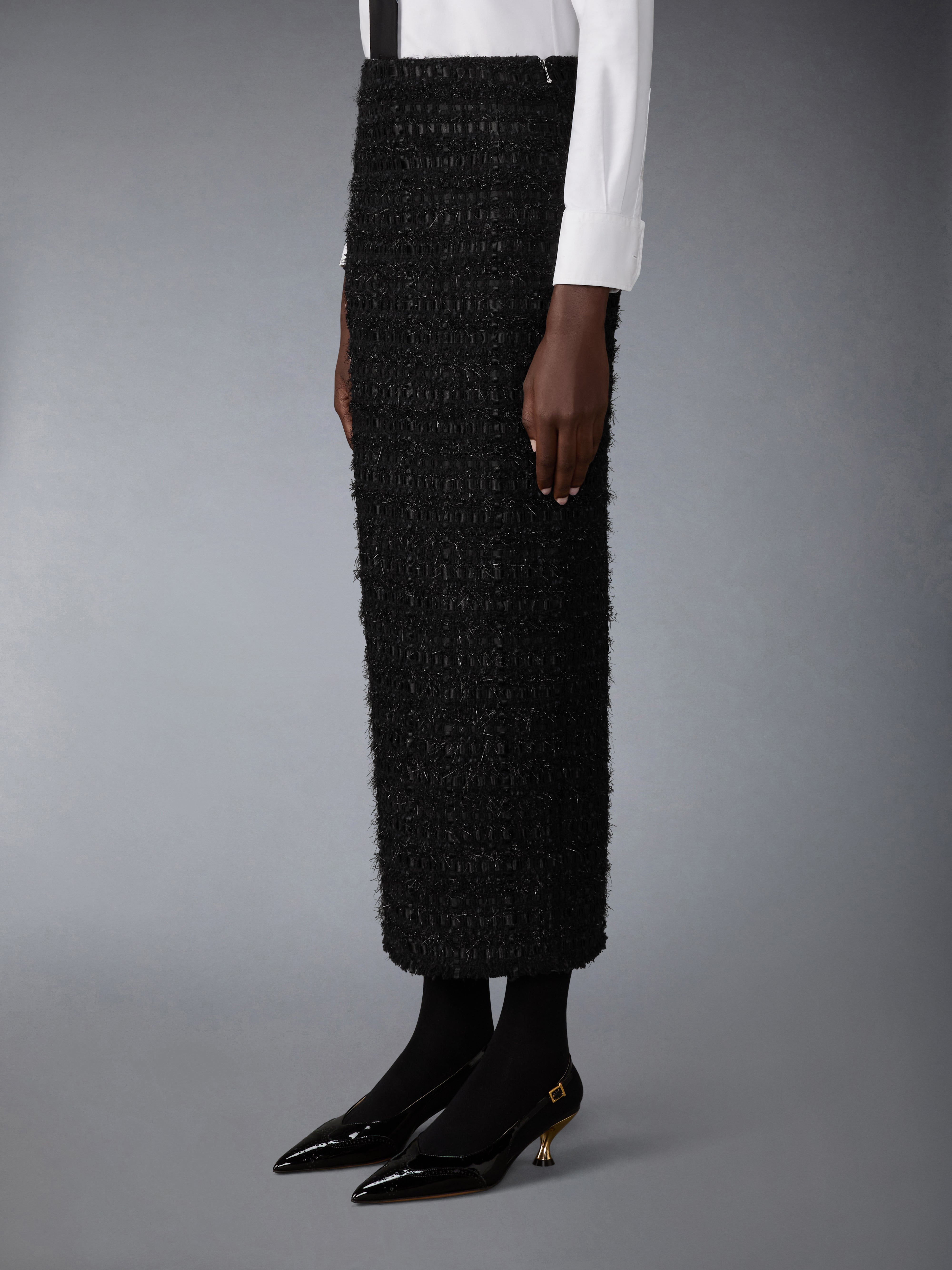Satin Ribbon Tweed Frayed Hobble Skirt | Thom Browne