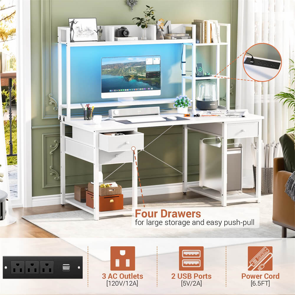 Unikito 47 Inch Computer Desk with Hutch, Gaming Desk with Drawers