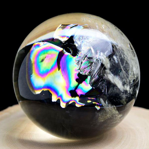 最高級・超透明】天然レインボー水晶丸玉【専用切株台座付き】虹入り