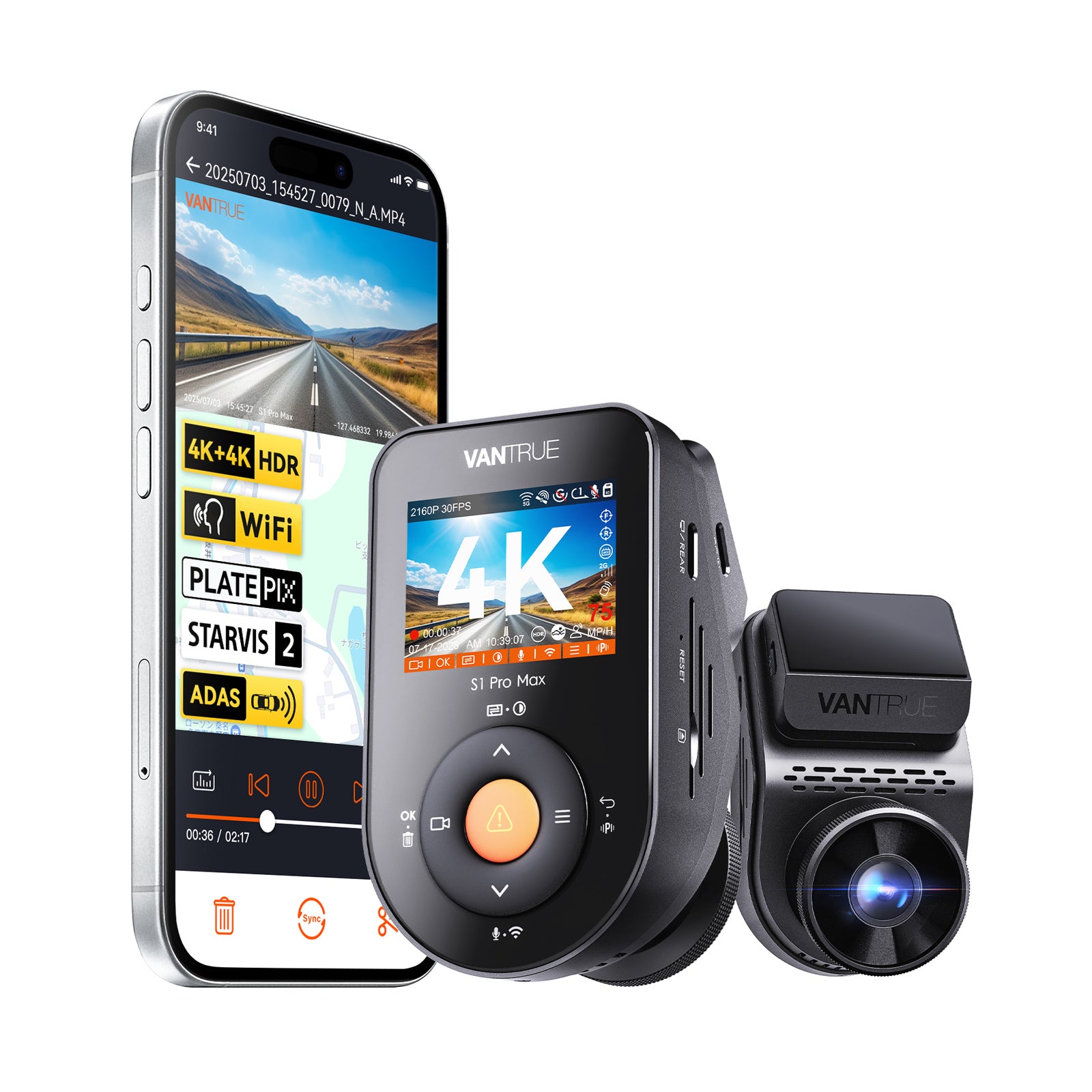 Vantrue S1 Pro Max 4K Dual Dash Cam with AI, Cloud, GPS, Night