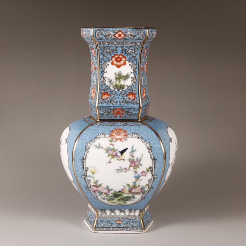 パステル蒔絵花鳥多稜天球瓶 景徳鎮 陶磁器 装飾品 工芸品 美術品 置物