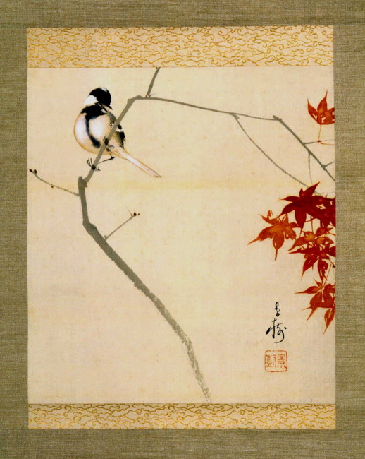 今井景樹絹本彩色画花鳥図【三日月に鴫之図】茶掛軸タトウ箱 概良332