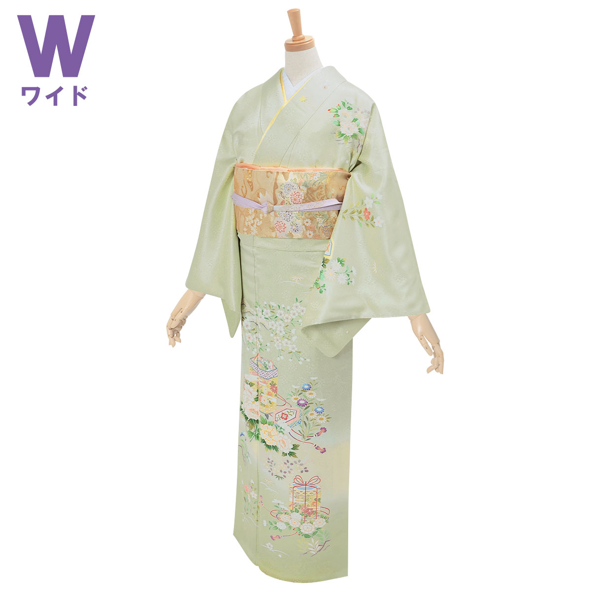 訪問着：H848 薄緑 貝桶と牡丹の花(w)☆| 訪問着レンタル │ 京都着物