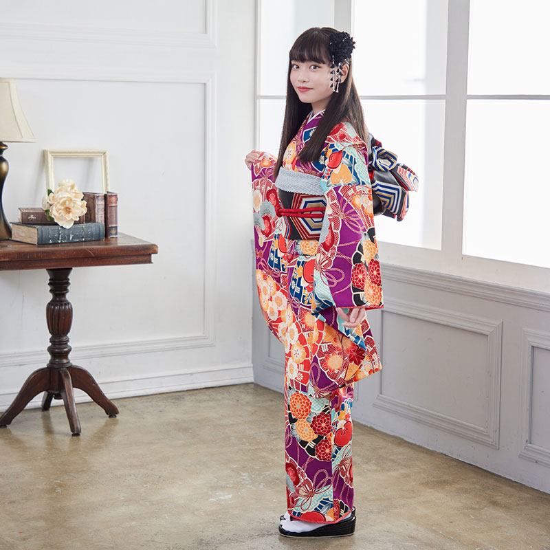 小・中学生振袖：A065 九重 紫 花扇(G682)(A382)│ 振袖レンタル