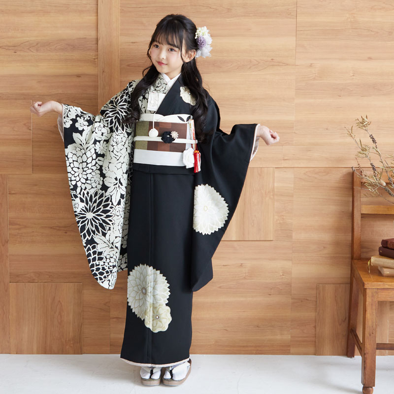 七五三七歳四つ身：N087 ジャパンスタイル 黒 ダリア | 七五三着物