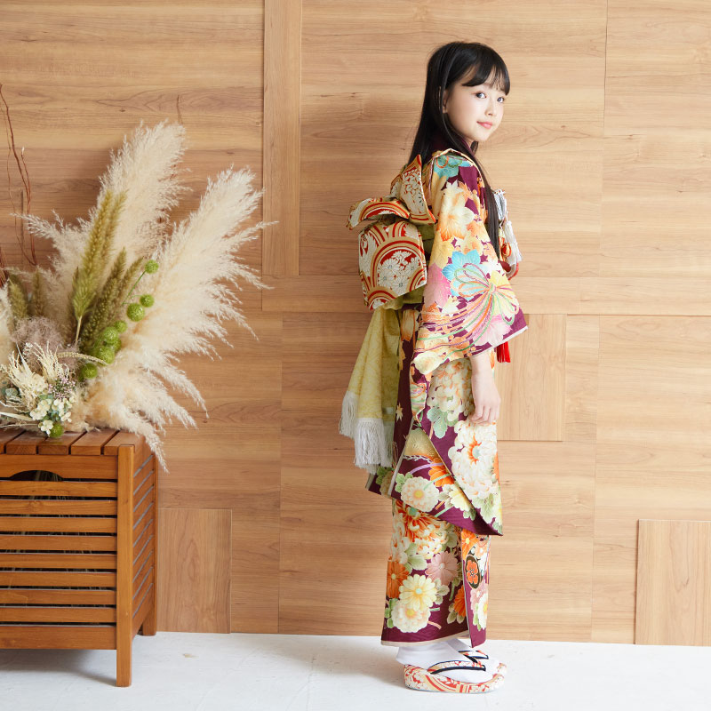 七五三七歳四つ身：N111 華徒然 赤紫 花薬玉 | 七五三着物レンタル