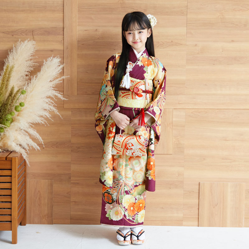 七五三七歳四つ身：N111 華徒然 赤紫 花薬玉 | 七五三着物レンタル