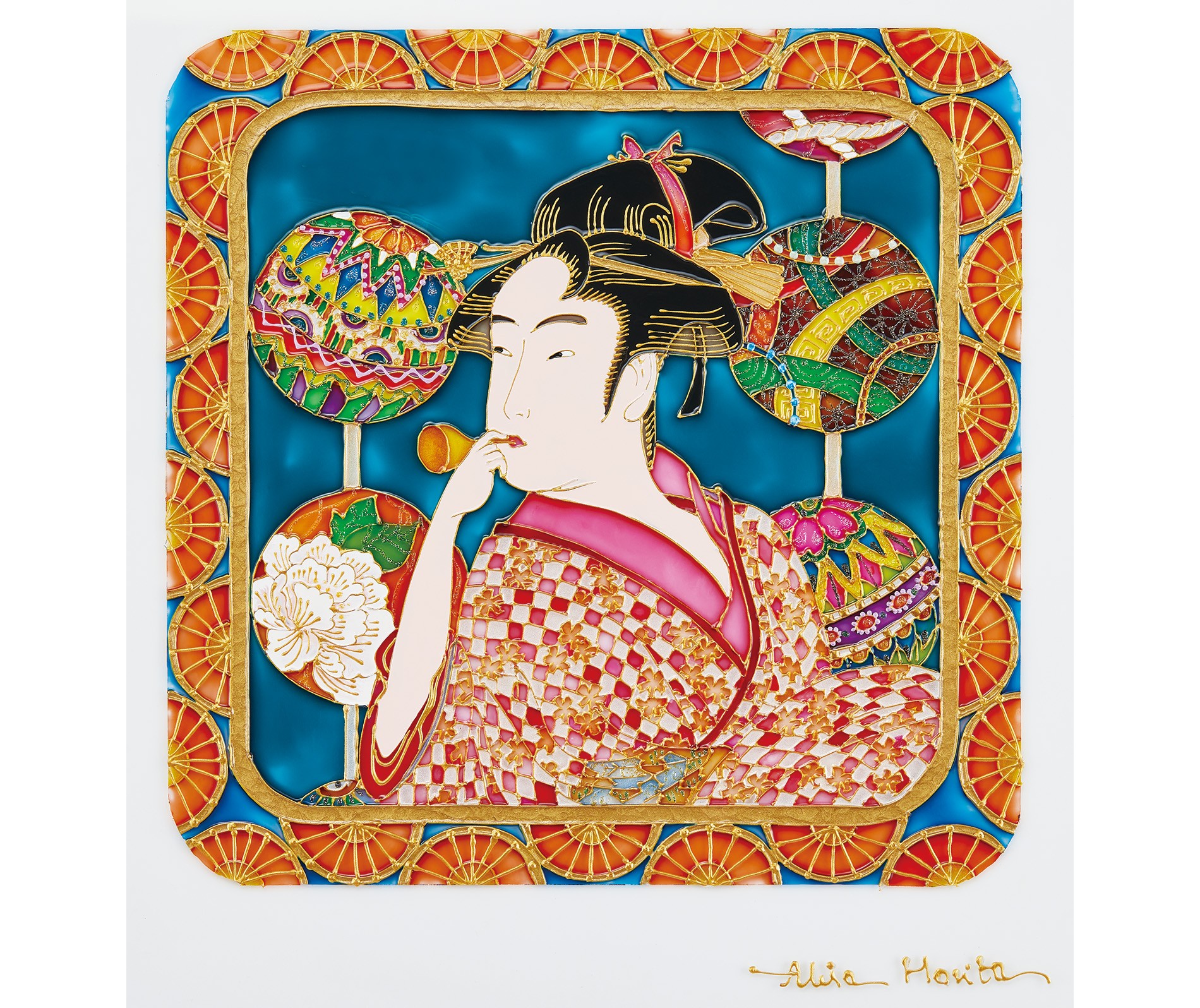 喜多川歌麿の浮世絵をガラス絵で再現！ ミニ手鏡まで付いた可愛いお