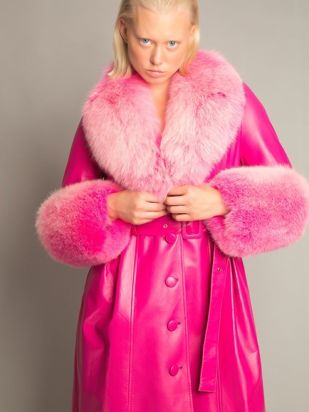 Foxy Leather Coat w/ Fox Fur In Fuchsia -..-. ZCRAVE™ OFFICIAL