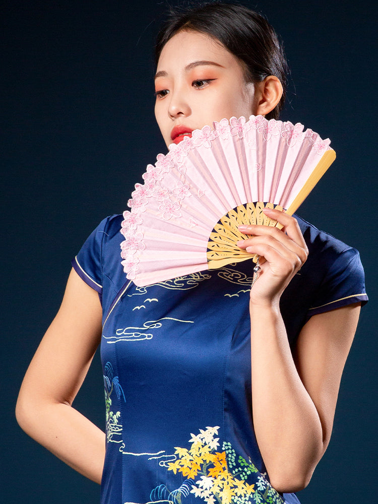 Embroidery Folding Fan 【Pink Sakura】 | Zen Breaker