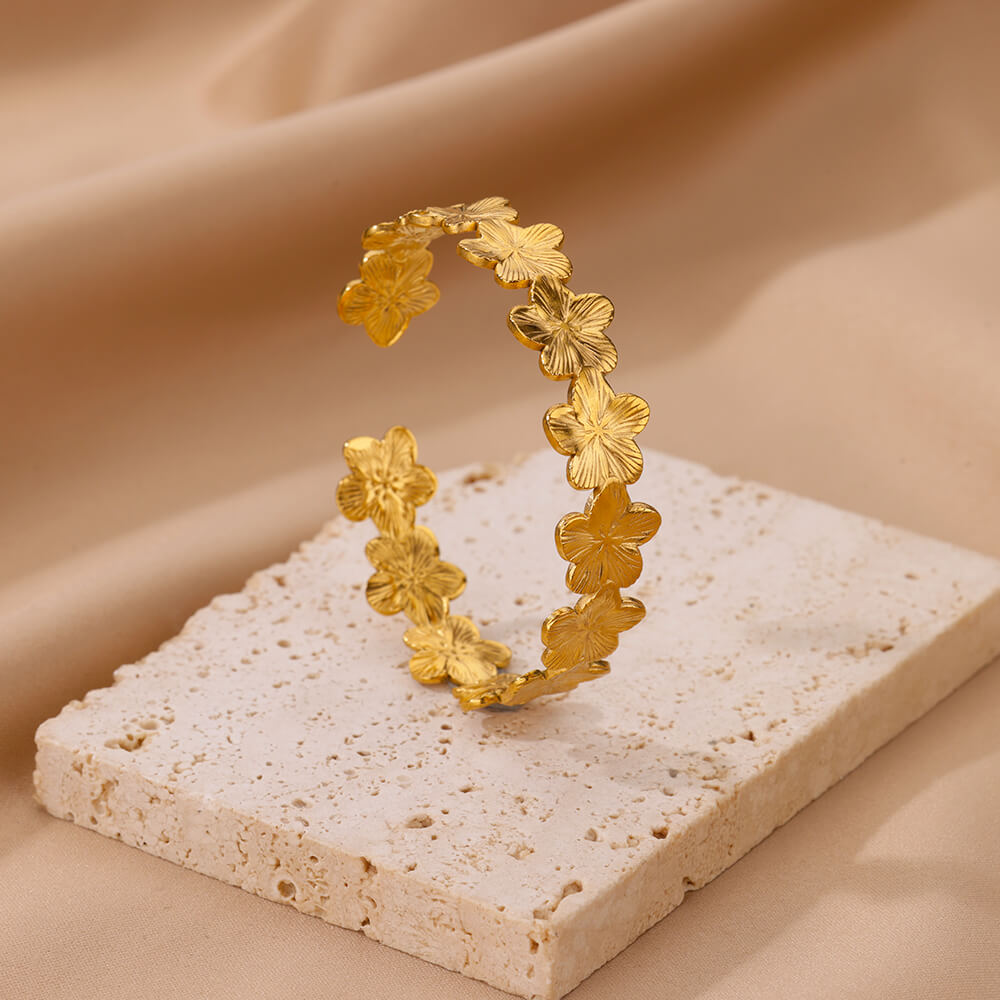 Flower Cuff Bracelet Bangle for Women Gold Color Flora Stainless