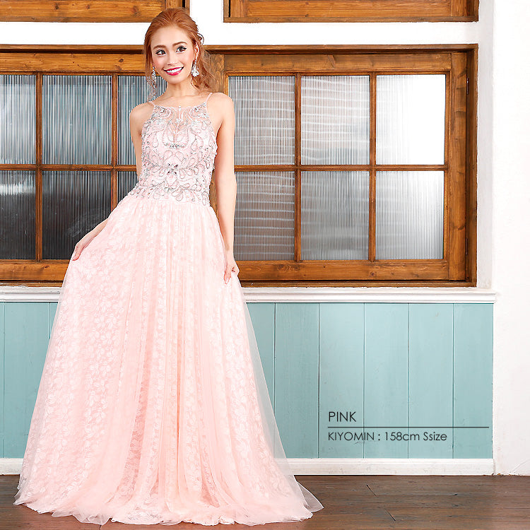 ロングドレス フレア フラワー刺繍 ビジュー ストーン 細い セクシー