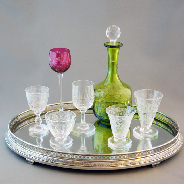 オールドバカラ「エッチング文様(ステム付) リキュールグラス 高さ7cm