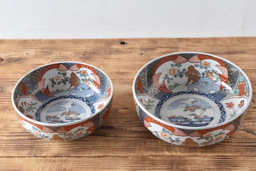 伊万里 色絵 唐獅子牡丹 桜 福文 二重高台 鉢 大 - 生活骨董と古布の