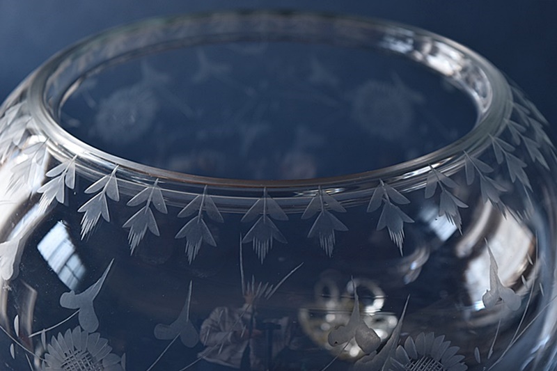 花と唐草のエッチングガラスの金魚鉢 - 生活骨董と古布のアンティーク