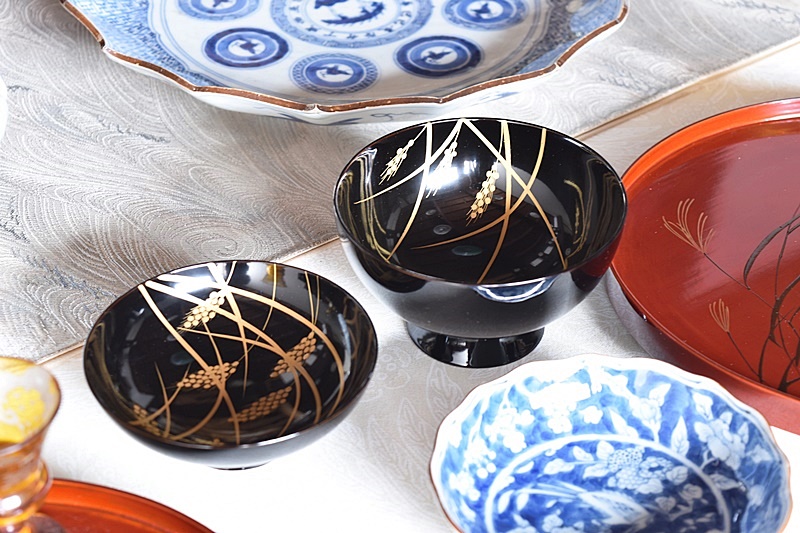 平安象彦 黒漆塗り 稲穂 金蒔絵 吸物椀 5客セット - 生活骨董と古布の