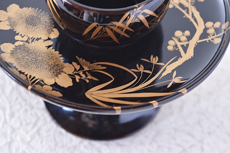 天然木製漆塗 四君子 金蒔絵 高茶台 天目台 2客セット - 生活骨董と