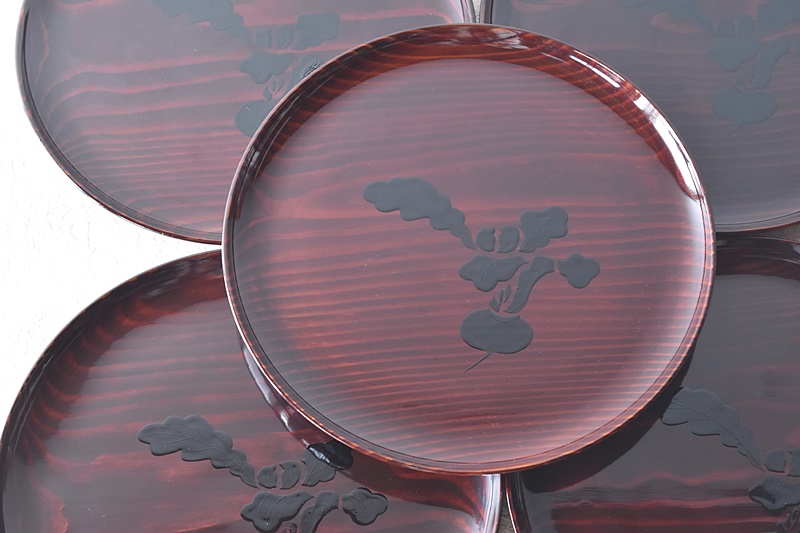 天然木製漆塗 桑名盆 かぶら盆 久村源助製 5客セット - 生活骨董と古布