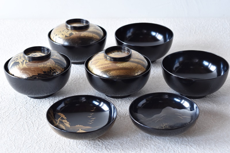 天然木製漆塗 輪島塗 黒塗り金蒔絵 図変わり見返し図 吸物椀 煮物椀 5