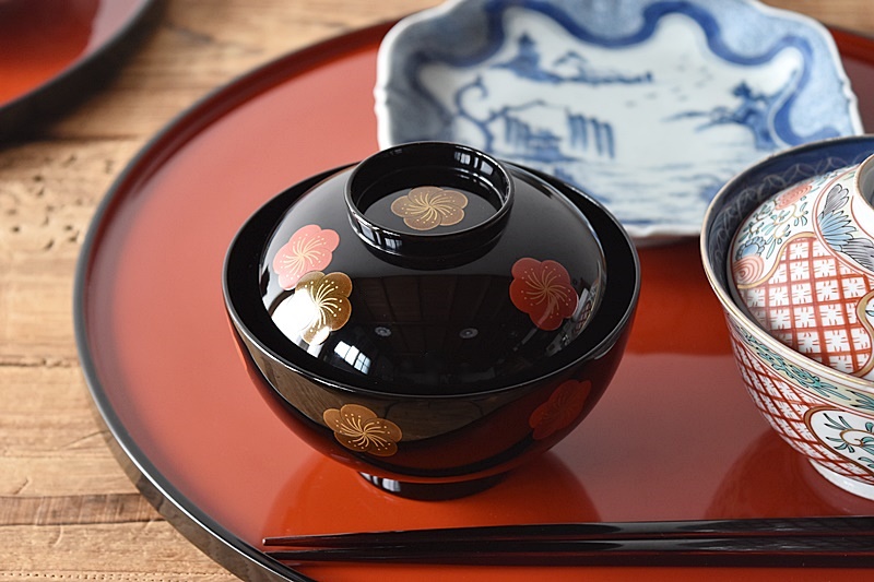 天然木製漆塗 輪島塗 梅蒔絵 吸物椀 5客セット 蒔絵師信斎 塗師静峰