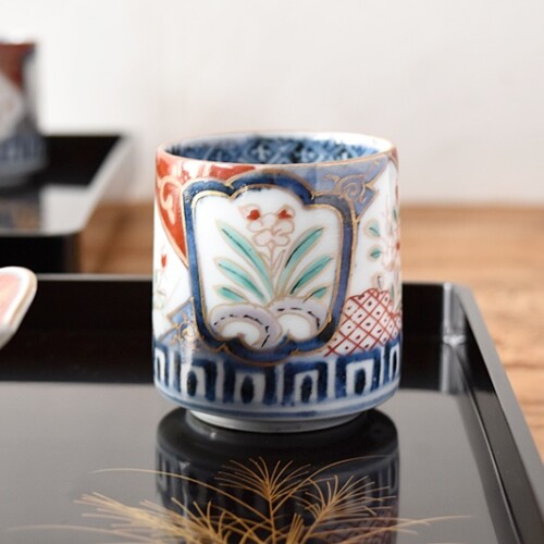 古伊万里 蕎麦猪口 無傷完品 蘇轍 印判 宝珠 軍配 団扇 経巻 宝巻 太湖