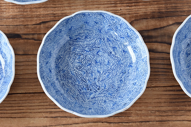 古伊万里 染付 総微塵唐草模様 成化年製文 輪花型 膾皿 5客セット