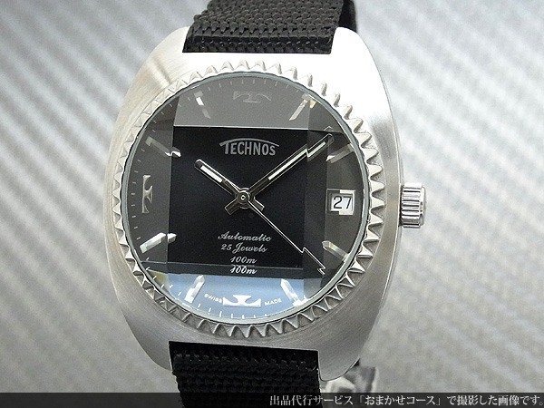 テクノス TECHNOS 9面カットガラス仕様 ブラックダイヤル 希少ベゼル