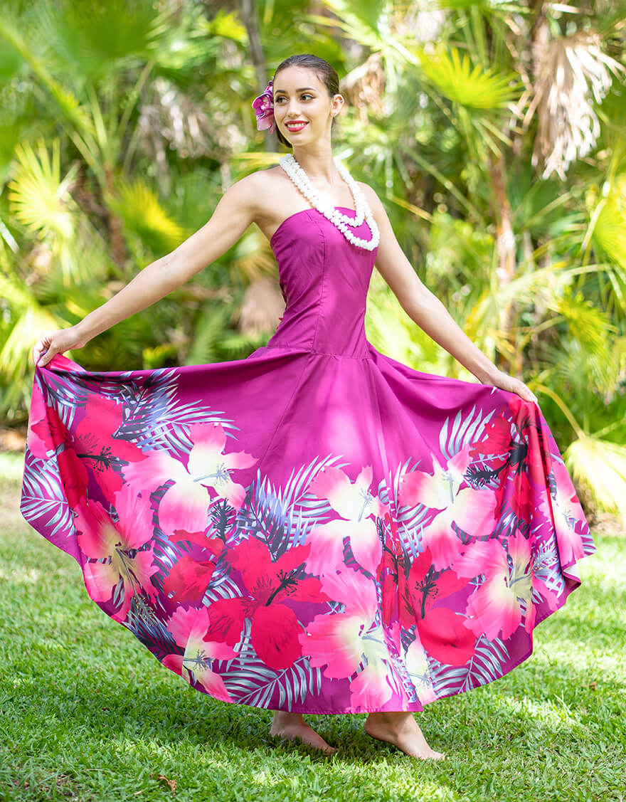 ベアトップラウンドフレアドレス（パームハイビスカス）プラム