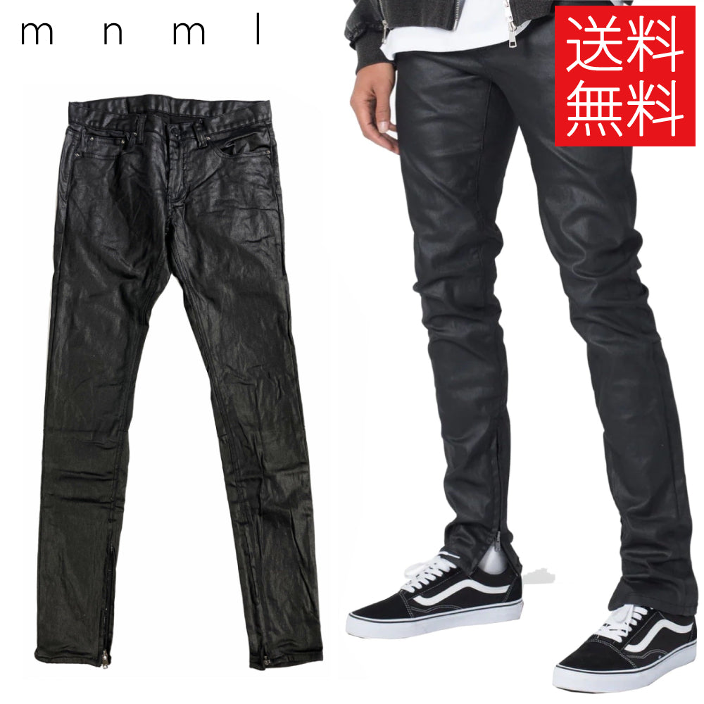 送料無料】mnml M11 スキニー デニム パンツ PU加工 ブラック 黒