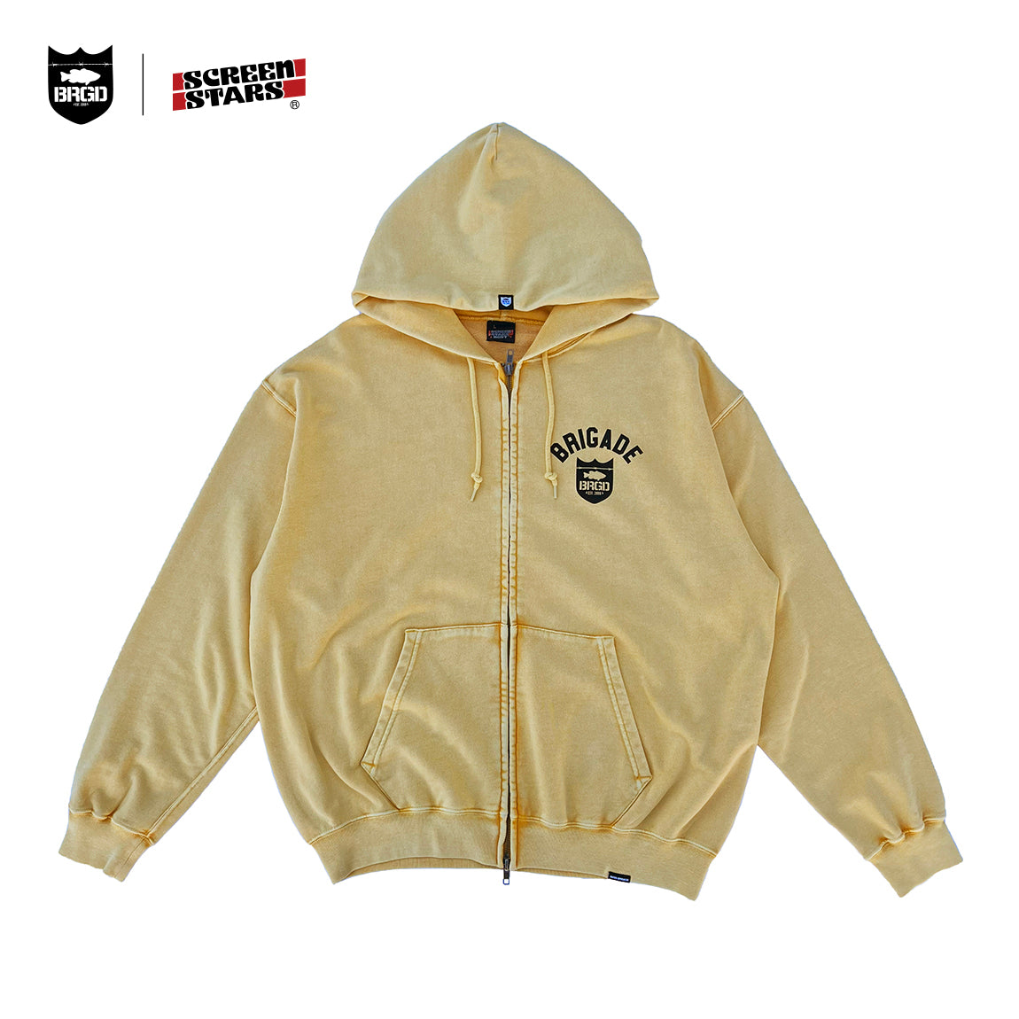 SCREEN STARS × BASS BRIGADE CHEMICAL WASH ZIP HOODIE - YELLOW