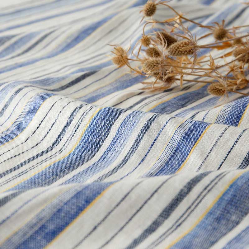 ストライプ模様のリネンカーテン 厚手 [ブルー×イエロー] リネン100