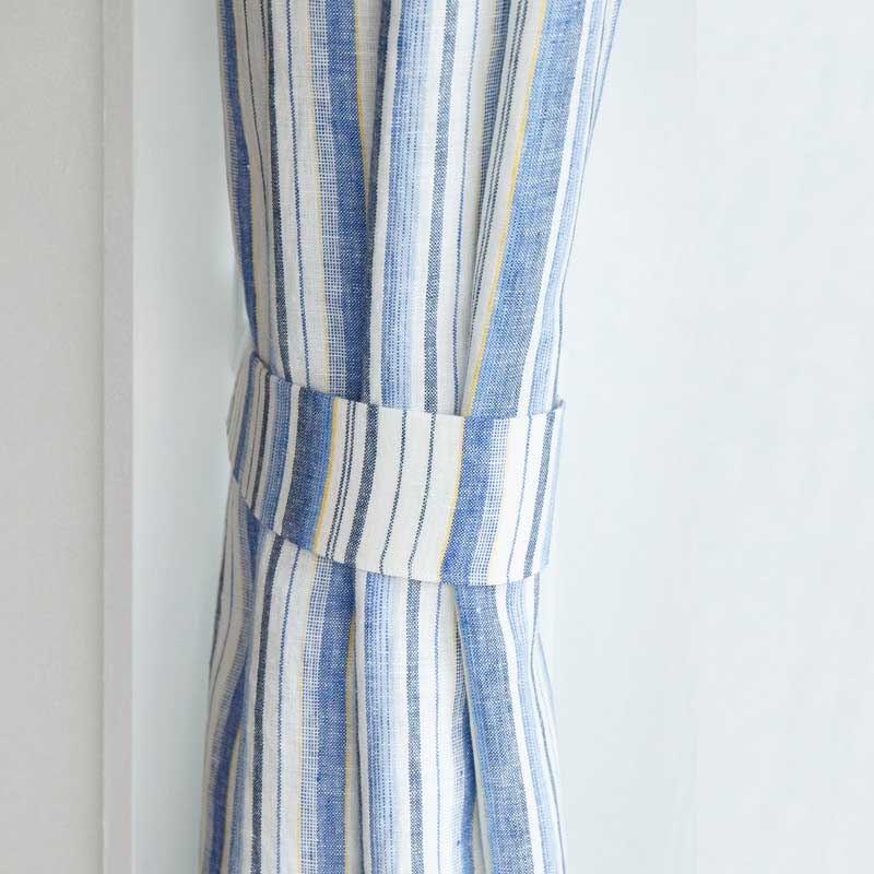 ストライプ模様のリネンカーテン 厚手 [ブルー×イエロー] リネン100