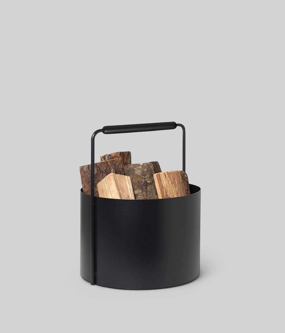 Ashi Firewood Basket with Black Handle | Modern Fireplace Storage