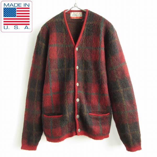 60's USA製 Jantzen 好配色 モヘアカーディガン 赤系 チェック柄 L 毛