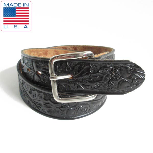 美品 USA製 CHAMBERS ボタニカル柄 カービング レザー ベルト 黒 表記