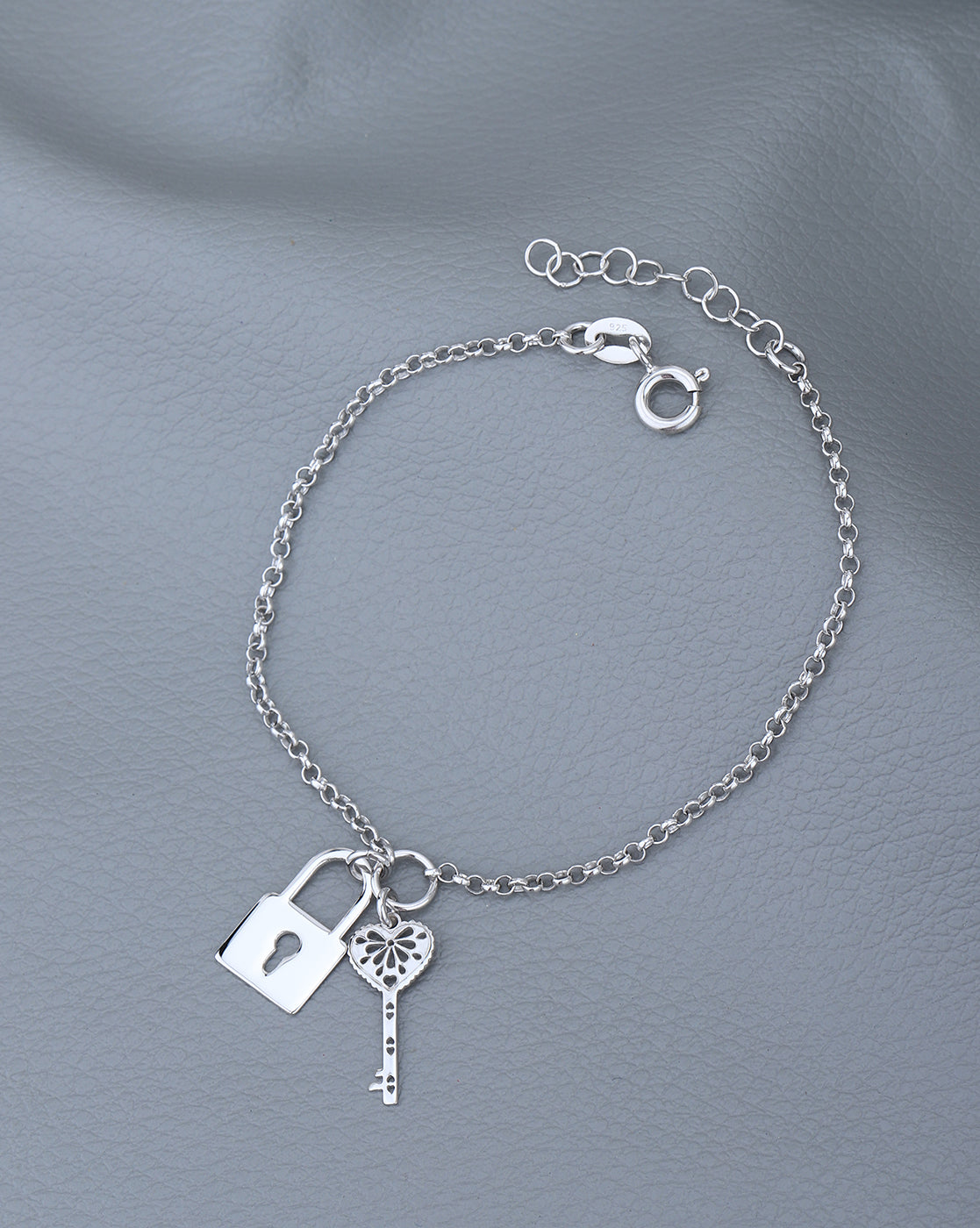 925 Sterling Silver Rhodium Plated with Key and Lock Charm