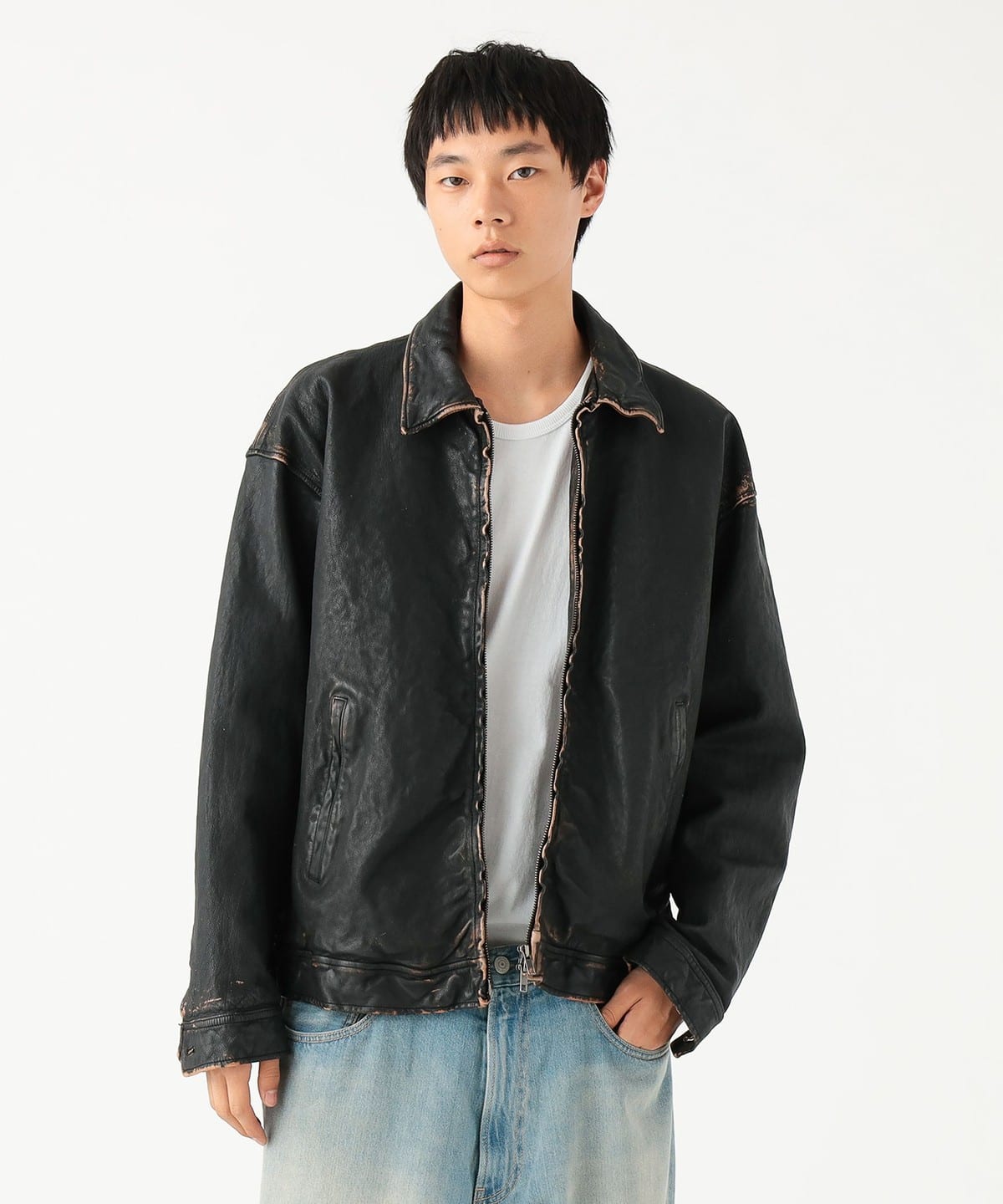 BEAMS (BEAMS) Distressed Leather Zip Blouson [Wide Fit] (Blouson
