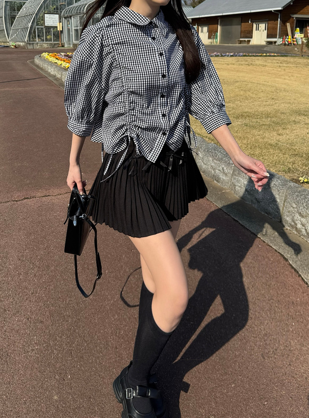 ギンガムチェック柄ドロストショート丈ブラウス[cc96] | レディース