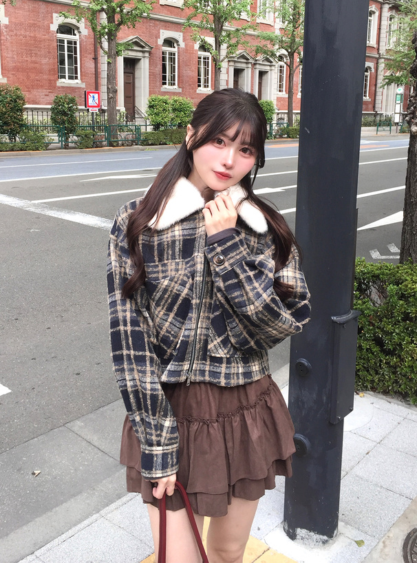 ファーティペット付きチェック柄ダブルジップジャケット[cc132