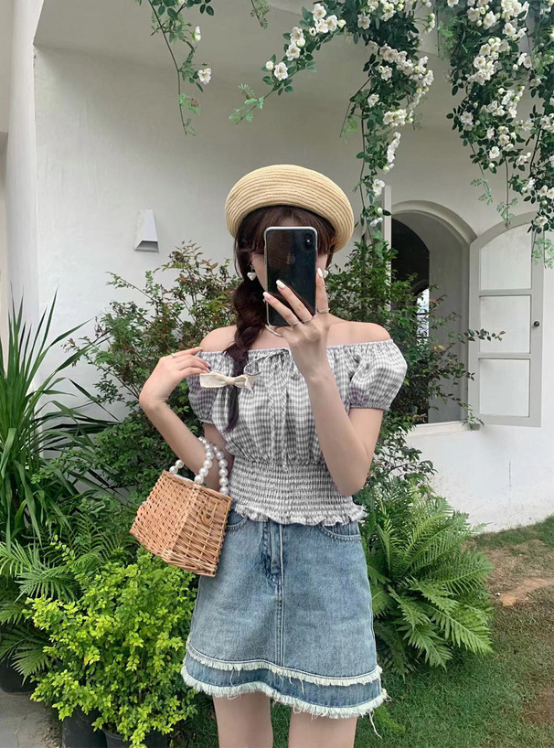 チェック柄オフショルダーリボンショート丈トップス[at2072