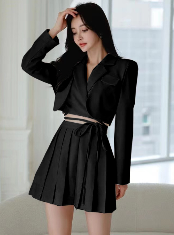 リボンクロップド丈ジャケット×プリーツスカートセットアップ[at2340