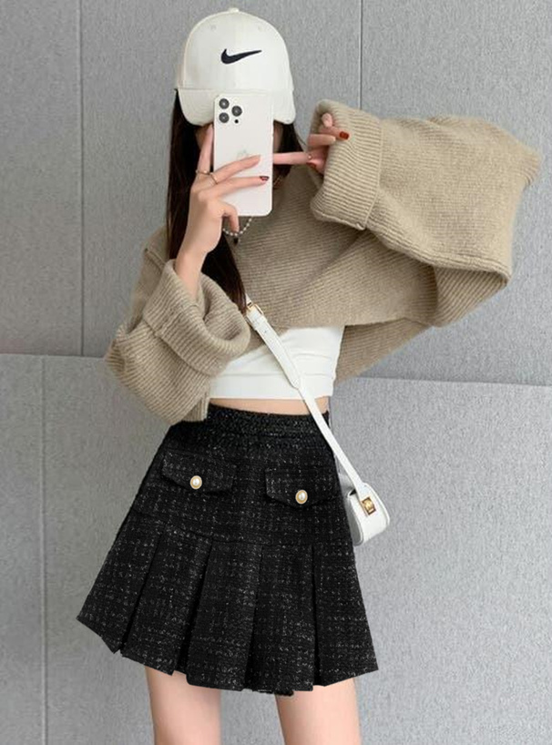 インパン裏地付きラメツイードプリーツミニスカート[at2353