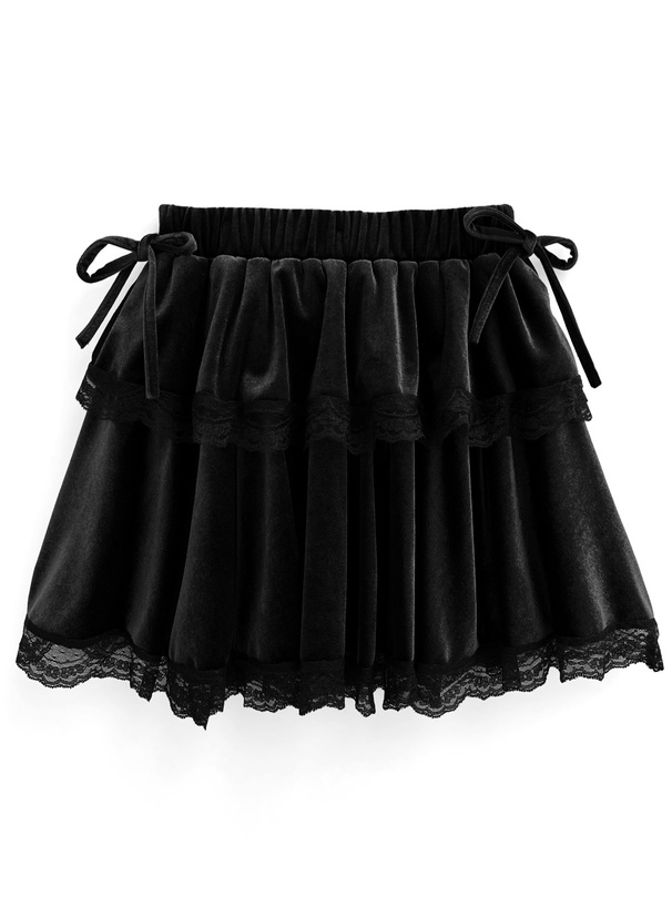 インパン裏地付きレースリボンベロアミニスカート[at2390