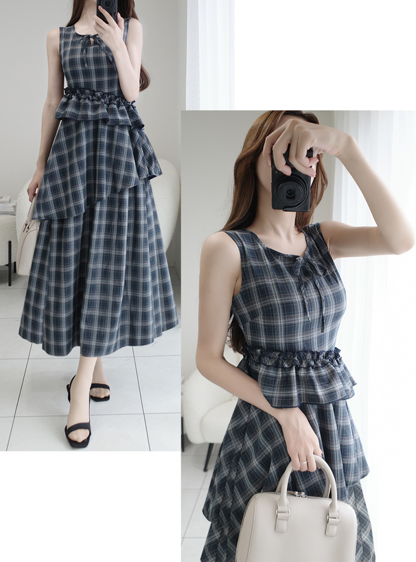 チェック柄アシンメトリーフリルノースリーブワンピース[gn503
