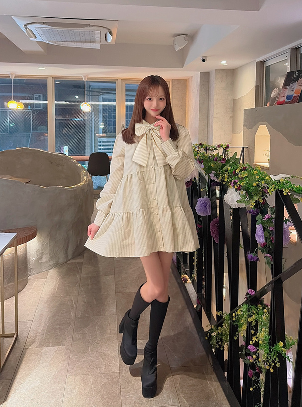 リボン付きストライプ柄シャツミニワンピース[gn567] | レディース