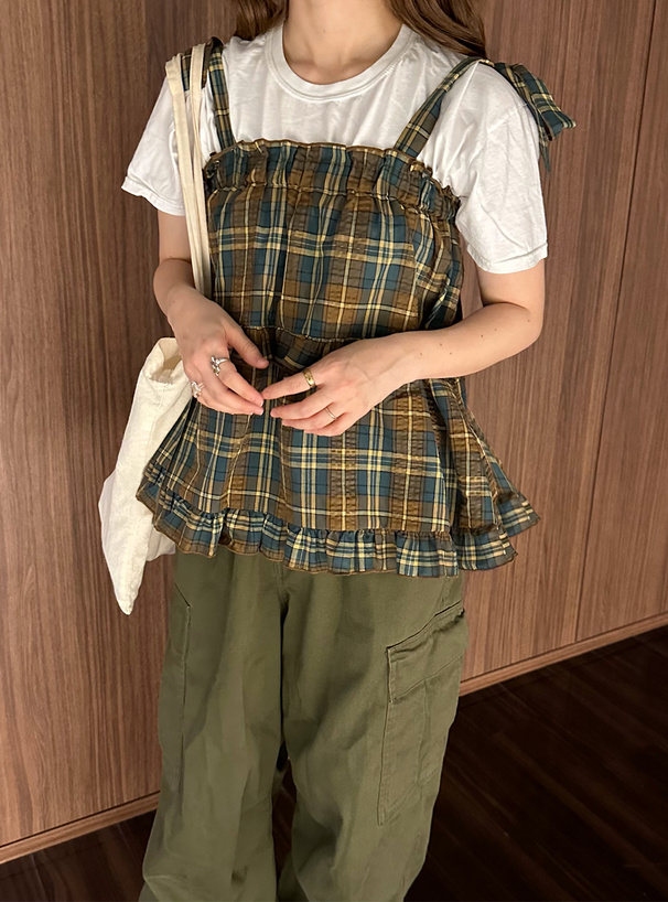 チェック柄ショルダーリボンティアードトップス[gn291] | レディース