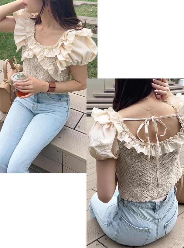 透かし編みクロスフリルバックリボントップス[dh1228] | レディース